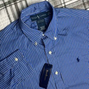Ralph Lauren Custom Fit Dress Shirt Blue White Pinstripe Mens 14.5 Size Small